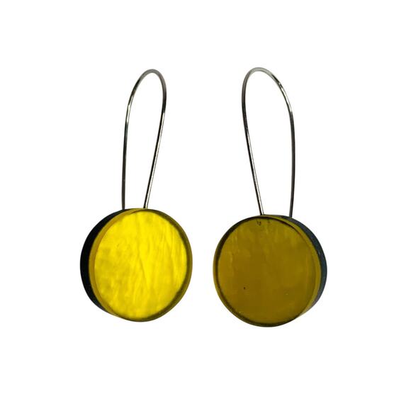 Yellow Black Wire Hook Pierced Earring Circle 1.5 Inch Drop Lightweight - Picture 1 of 6